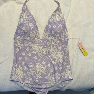 Summersault Vintage Floral Halter Plunge One Piece Swim Bathing Suit Size 12 NWT